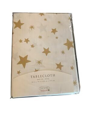 Home for the Holidays oblong tablecloth white gold star Party 52 X 70 In